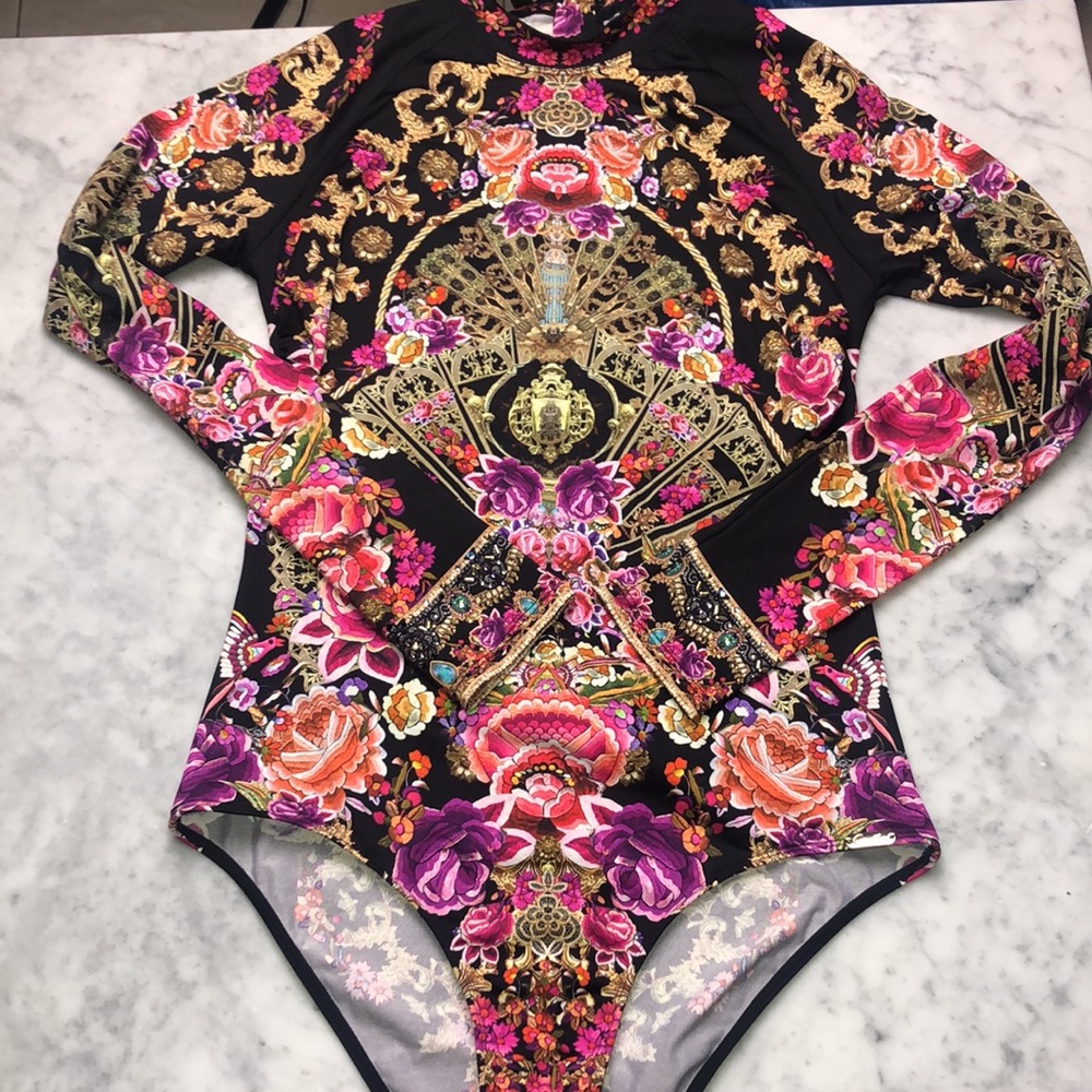 Camilla Long Sleeve Floral Print One-Piece Swimsuit in Black and Pink Size M - Picture 7 of 16